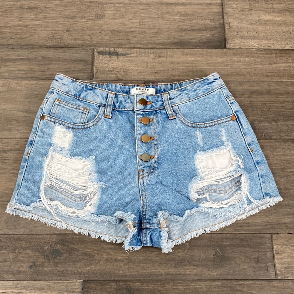 Forever 21 High Rise Button Fly Distressed Jean Shorts Size 26